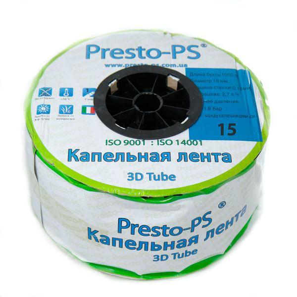 Крапельна стрічка 16 мм, крок 15 см, товщ. 0,18 мм, 1,38 л/год, емітерна, Presto-PS 3D Tube, (бухта 1000 м)