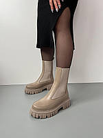 Челси женские кожаные зимние на меху, натуральная кожа, ботинки, Бежевый, 36