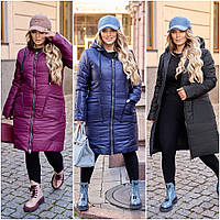 Женская куртка удлиненная зимняя из плащевки на синтепоне 200 размеры батал 56/58, Пальто, бордо