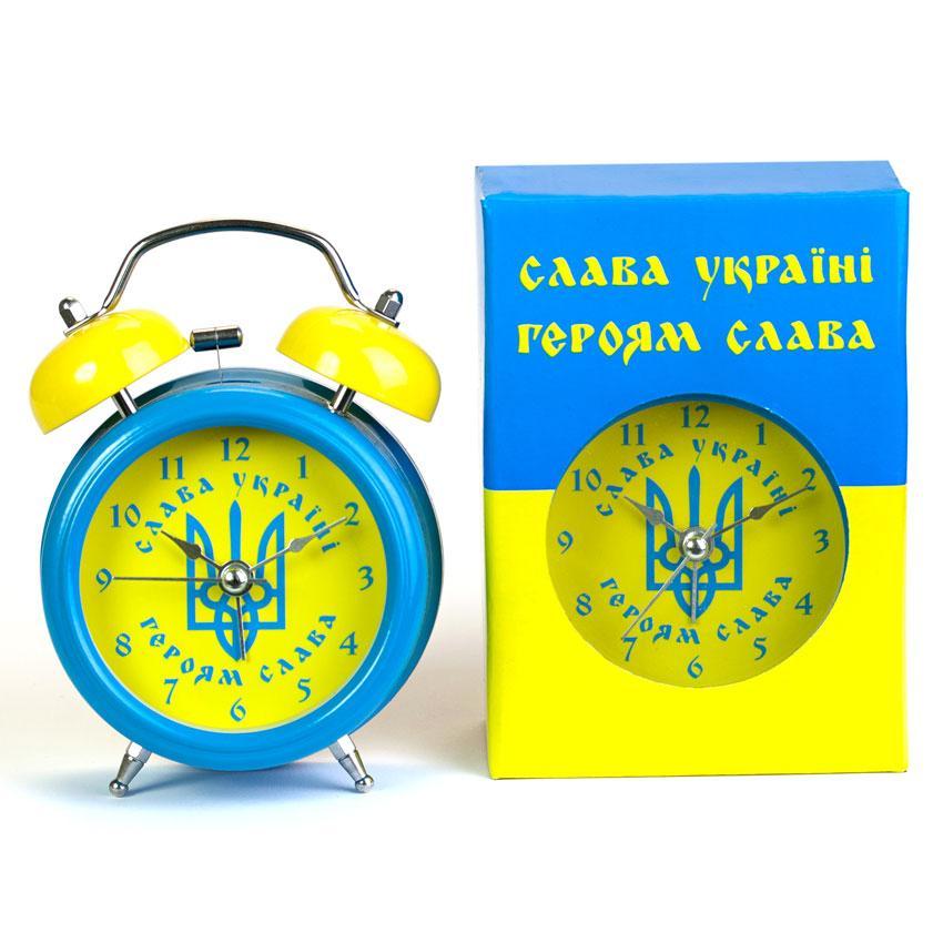 Годинник настільний із будильником Ω l'infini Ukraine Слава Україні! 12 х 8.5 х 5 см Блакитний (19152)