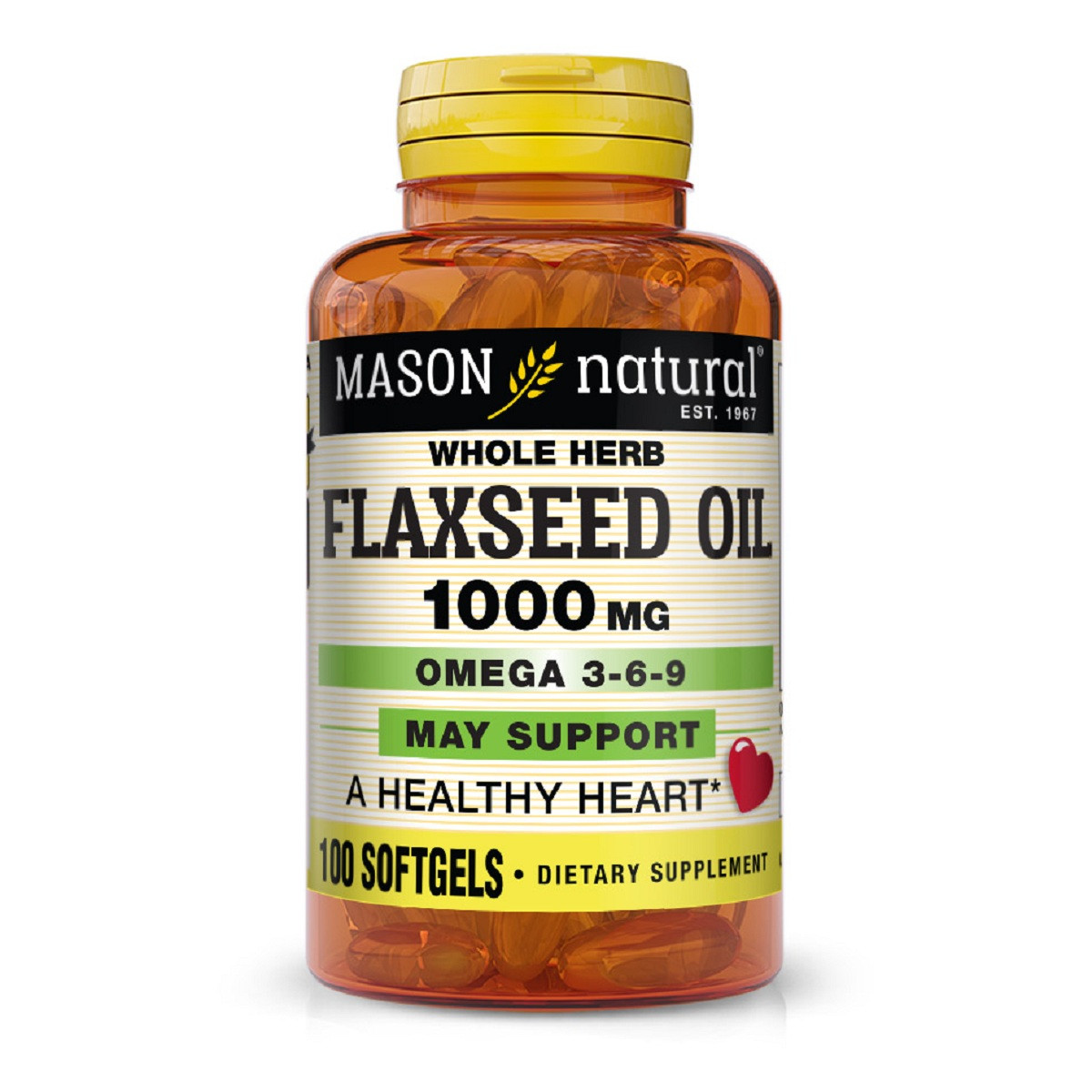 Лляна олія 1000 мг, Омега 3-6-9, Flax Seed Oil 1000 mg Omega 3-6-9, Mason Natural, 100 гелевих капсул