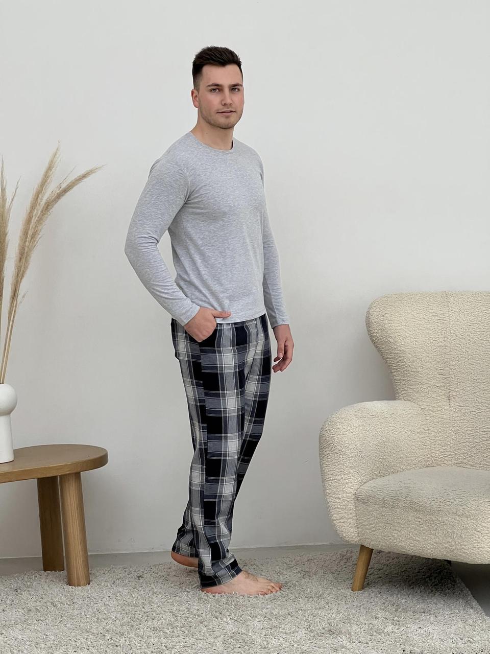 Домашня піжама для чоловіків COSY із фланелі (штани+лонгслів) темно-синій/сірий