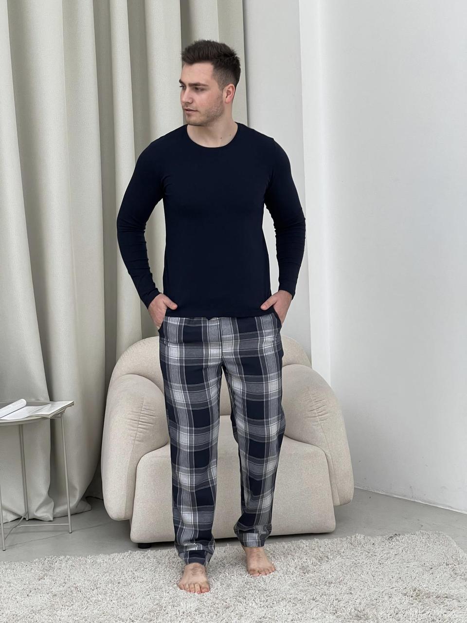 Домашня піжама для чоловіків COSY із фланелі (штани+лонгслів синій) темно-синій/сірий