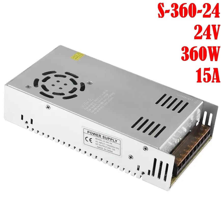 Блок живлення 24V, 360W, 15А, IP20, металевий корпус, не герметичний для внутрішнього застосування.