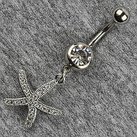 Сережок банан у пупок сріблястий із медичної сталі від Stainless Steel Зірка довжина штанги 23 мм + підвіска