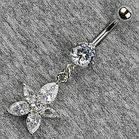 Сережок банан у пупок сріблястий із медичної сталі від Stainless Steel Квітка довжина штанги 23 мм + підвіска