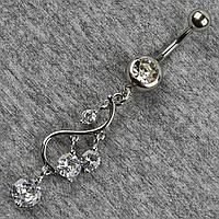 Сережок банан у пупок сріблястий із медичної сталі від Stainless Steel Циркон довжина штанги 23 мм + підвіска