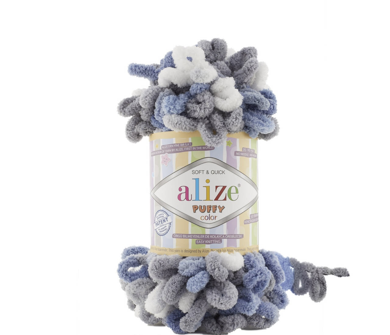 Нитки в'язальні Alize Puffy color. 100 г. 9 м. Колір блакитний, білий, сірий 6075