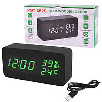 Настільний мережевий годинник VST-862S-4 термометр + гігрометр (Чорний корпус та зелені цифри)