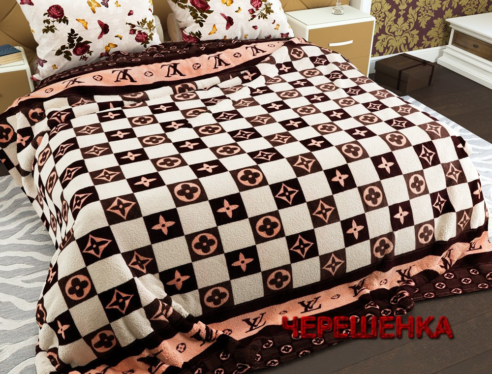 Напівторний флісовий плед покривало 150х220 односпальний Луї Віттон louis vuitton у клітинку коричневий