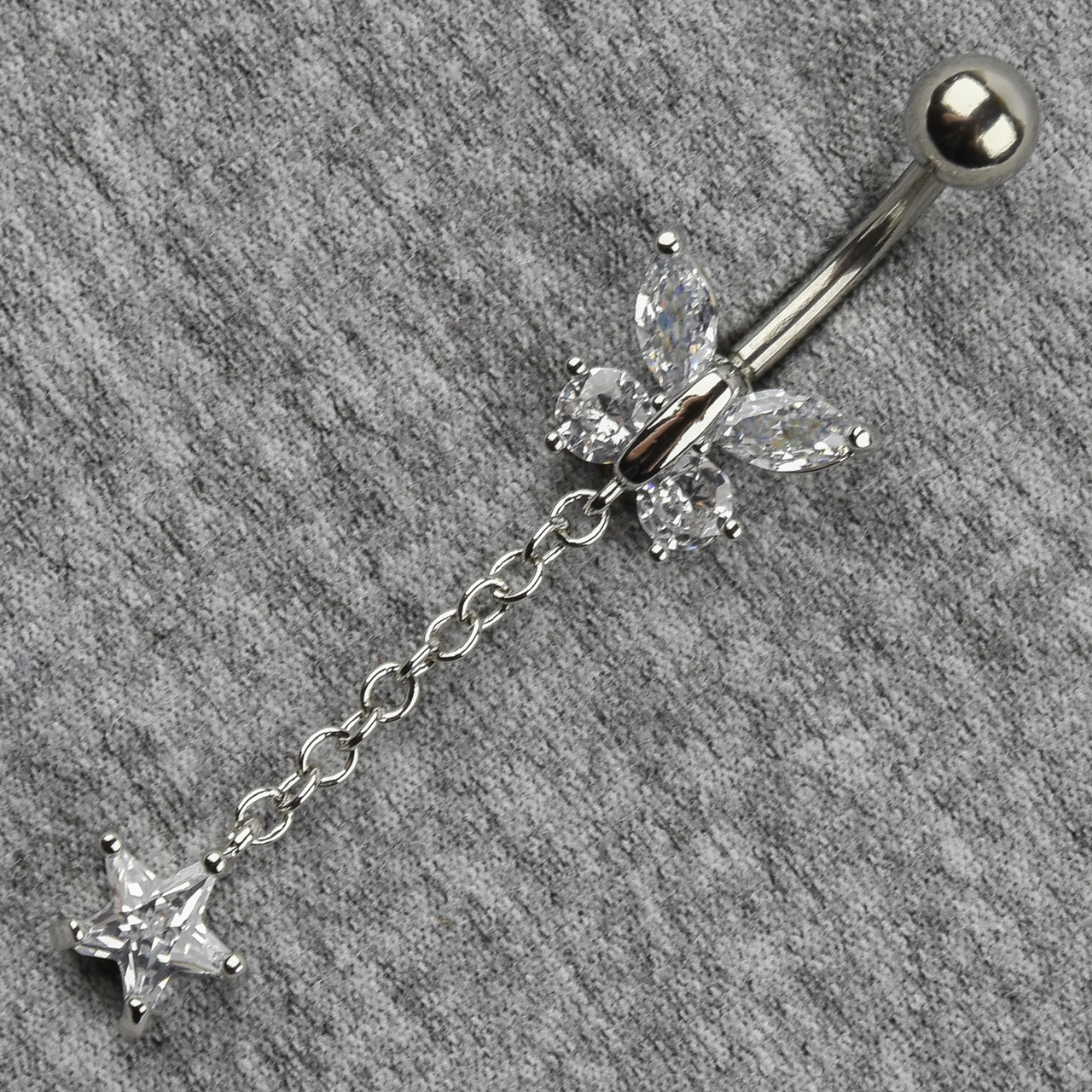 Сережок банан у пупок сріблястий із медичної сталі від Stainless Steel Метелик довжина штанги 23 мм + підвіска - фото 1 - id-p1720805492