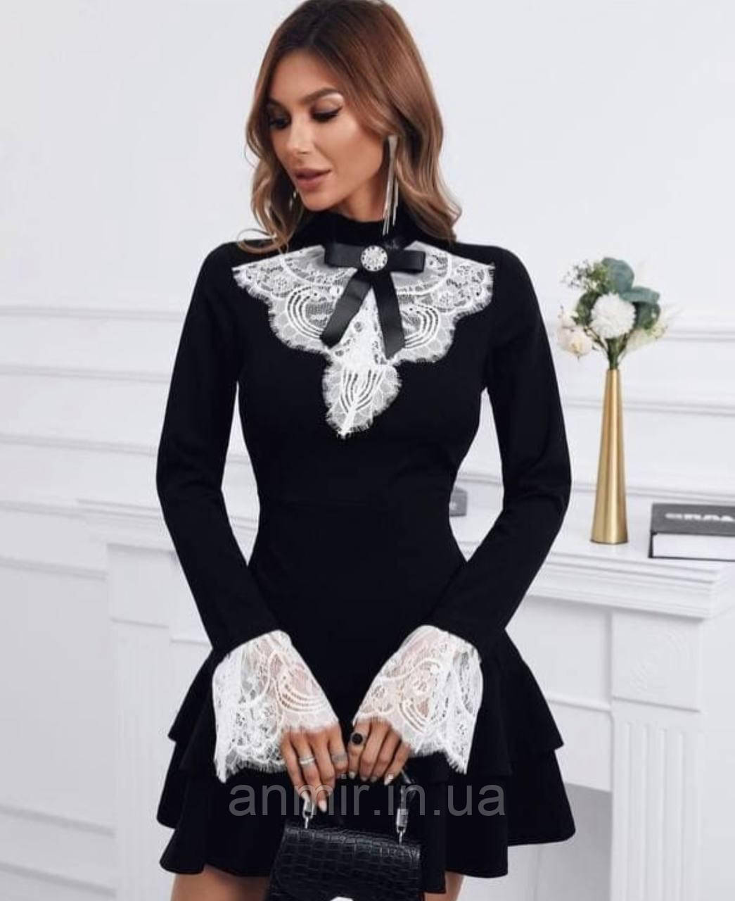 Жіноче ошатне плаття з мереживом італійський трикотаж розмір 42-48, чорного кольору