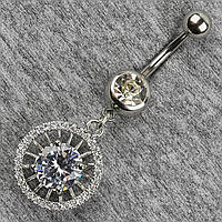 Серельга банан у пупок срібляста з медичної сталі від Stainless Steel Циркон довжина штанги 23 мм + підвіска