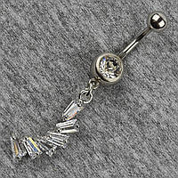 Серельга банан у пупок срібляста з медичної сталі від Stainless Steel Кристал довжина штанги 23 мм + підвіска