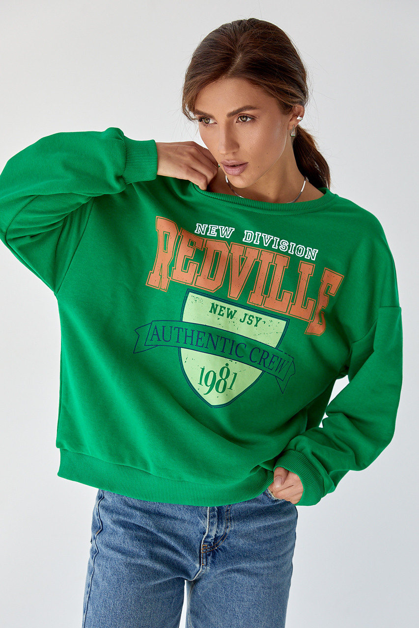 Жіночий трикотажний світшот з яскравим принтом — зелений колір, М  (є розміри)