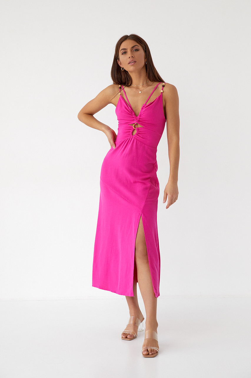 Оригінальний сарафан міді прикрашений дерев'яними намистинами - колір фуксія, модель 5421