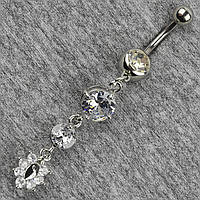 Сережок банан у пупок сріблястий із медичної сталі від Stainless Steel Циркон довжина штанги 23 мм + підвіска