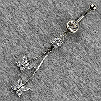 Сережок банан у пупок сріблястий із медичної сталі від Stainless Steel Метелик довжина штанги 23 мм + підвіска