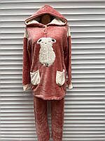 Женская пижама теплая махровая, женский домашний костюм с костюмом, цвет пудра, размер L, XL, Polar