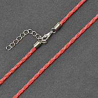 Шнурок на шию стильний шкіряний плетений червоний зі сріблястим карабіном довжина 60 см товщина 3 мм