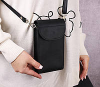 Кожаная женская мини сумка через плечо / Черная плечевая сумка клатч для телефона