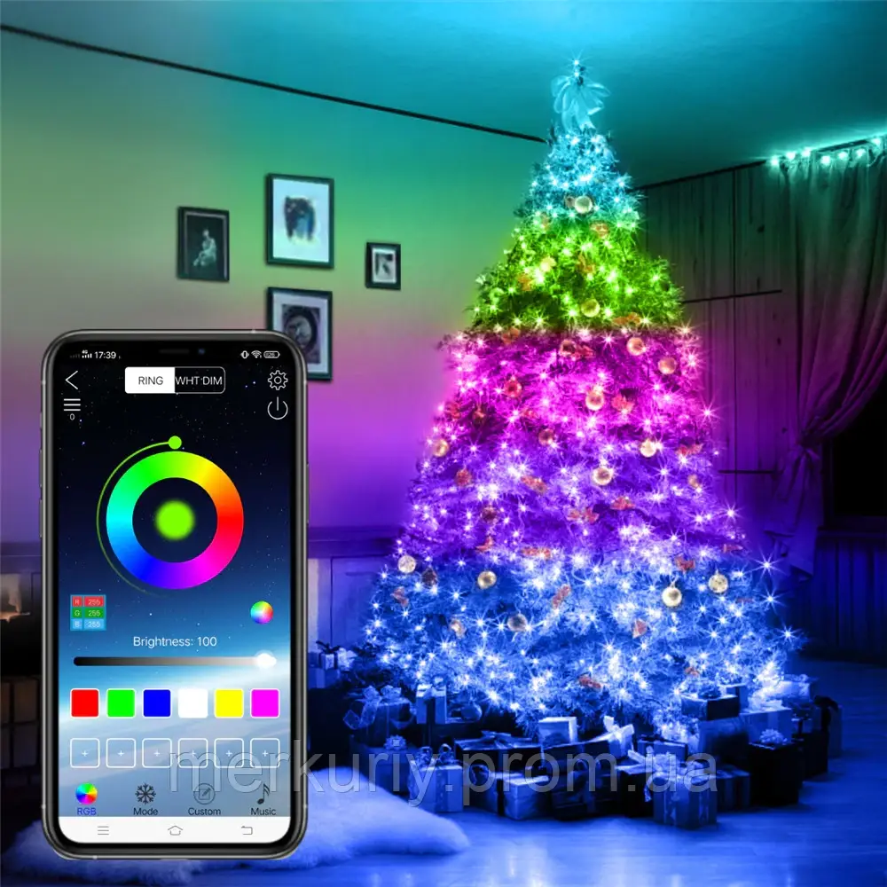 Розумна світлодіодна гірлянда RGB для ялинки та новорічного декору (керування кольору з телефона) 5 м 50 LED