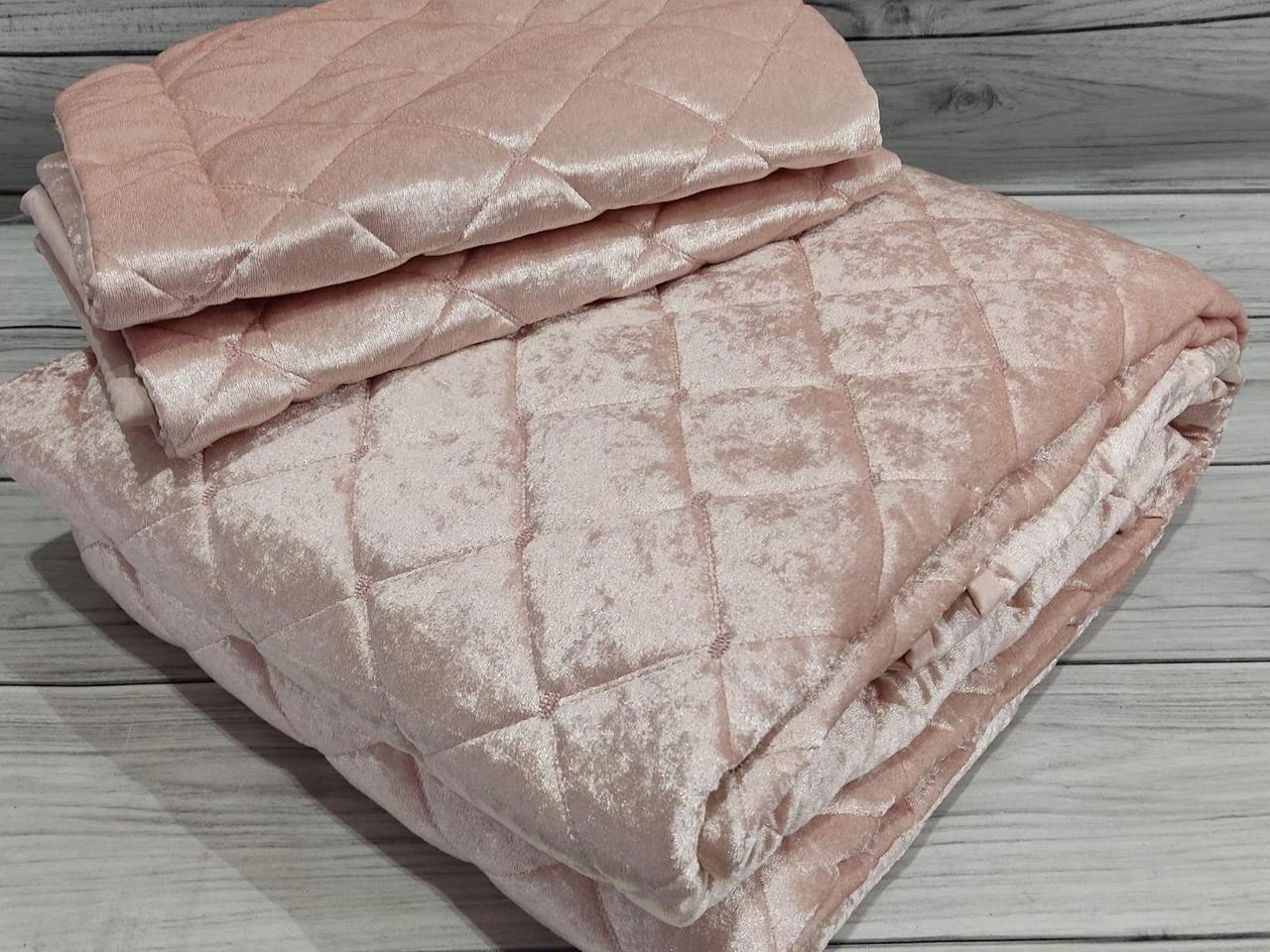 Покривало велюрове оксамитове стьобане 255 на 260 см з наволочками Issi Home Туреччина рожеве, фото 1