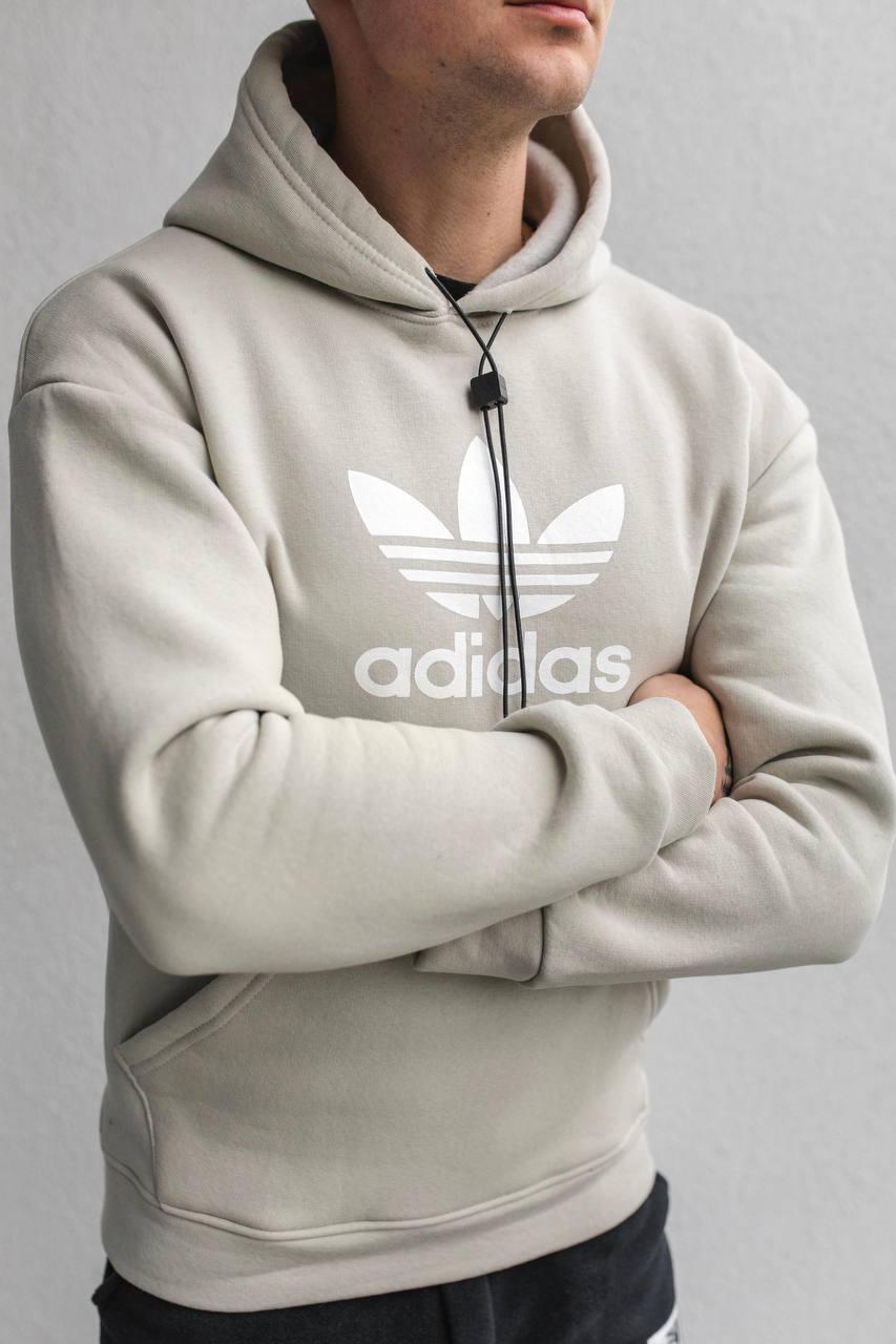 Кофта чоловіча Adidas тепла оверсайз преміум'якість бежева зимова оверсайз із капюшоном, фото 1