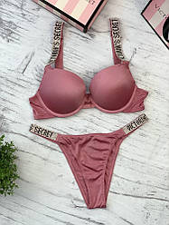 Комплект жіночий Victoria's Secret Model Rhinestone топ + трусики малиновий