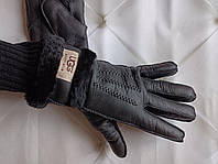 Перчатки женские кожаные зимние утепленные на меху из овчины. Теплые перчатки UGG из натуральной кожи (черные)