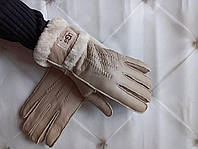 Перчатки женские кожаные зимние утепленные на меху из овчины. Теплые перчатки UGG из натуральной кожи (беж)