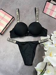 Комплект жіночий Victoria's Secret Model Rhinestone двойка топ + трусики Чорний