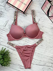 Комплект жіночий Victoria's Secret Model Rhinestone двійка топ + трусики темно — рожевий kk011