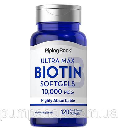 Біотин PipingRock Ultra Max Biotin 10000 мкг 120 капс. (уцінка термін по 10.23), фото 1