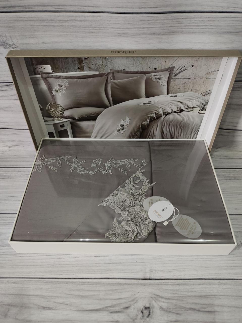 Постільна білизна сатинова з вишивкою євро розмір  Dantela Safir Antrasit  Туреччина, фото 1