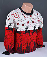 Мужской свитер с оленями красный | Мужской новогодний джемпер с оленями Турция 8046