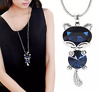 Ожерелье -цепочка с подвеской в форме кота с синими кристаллами и стразами