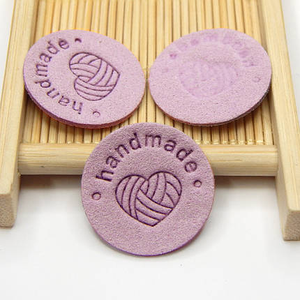 Бирка замшева кругла "Hand made", 2,5 см, бузковий, фото 1