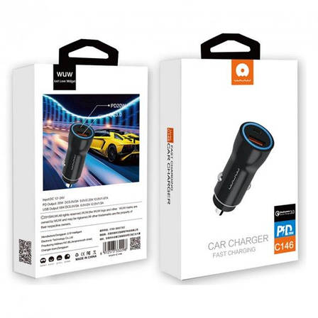Автомобільний зарядний пристрій USB WUW C146 1Type-C+1USB/3A PD QC3.0 Black, фото 2