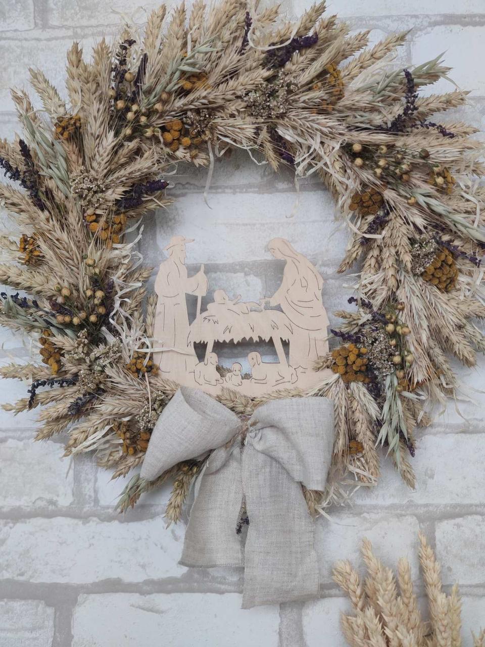 Різдвяний вінок з Вертепом з сухоцвітів,вінок Д-42 см, фото 1