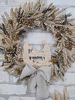 Рождественский венок с Вертепом из сухоцветов и колосьев пшеницы ржи овса льна, рожд венок на двери Д-42см,