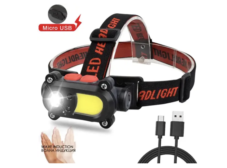 Ліхтар налобний BL-208-XPE+COB, Motion Sensor, Li-Ion акум., Waterproof, ЗП microUSB