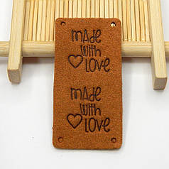 Бірка замшева "Hand made with love", 5х2,5 см, рудий