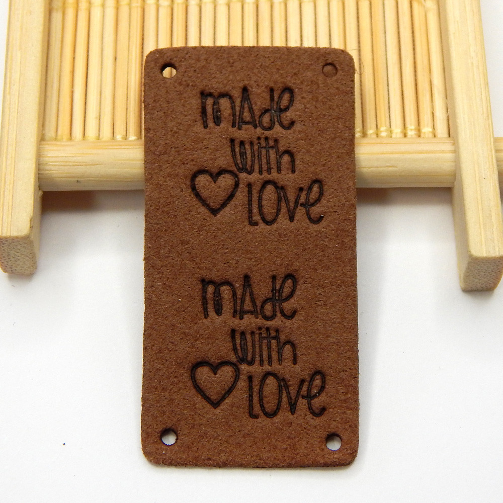 Бирка замшева "Hand made with love", 5х2,5 см, коричневий
