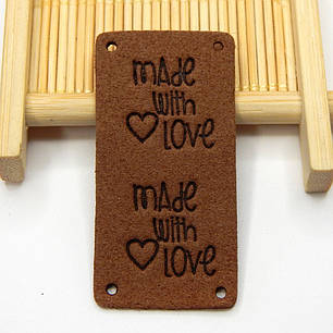 Бирка замшева "Hand made with love", 5х2,5 см, коричневий, фото 1