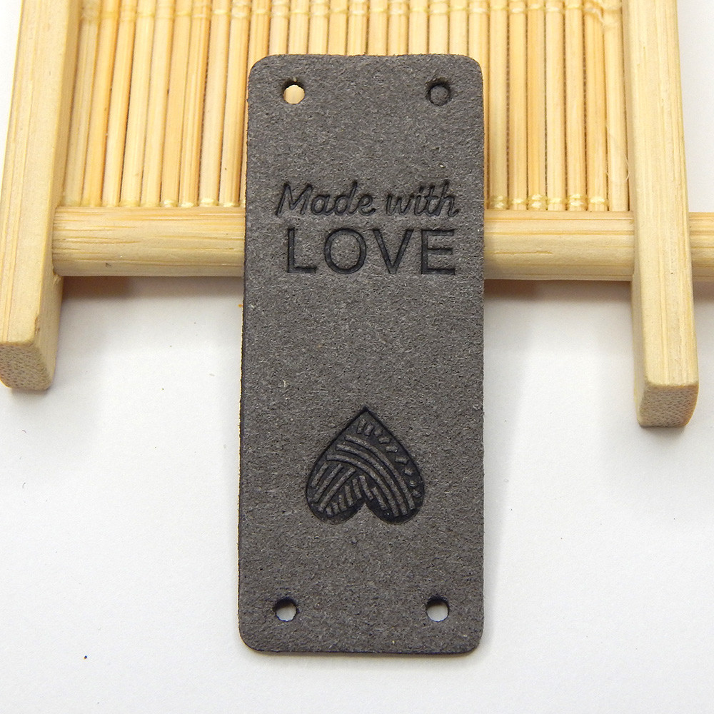 Бірка замшева "Hand made with love", 5х2 см, сірий