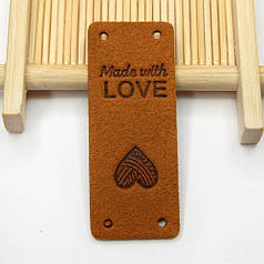 Бірка замшева "Hand made with love", 5х2 см, рудий