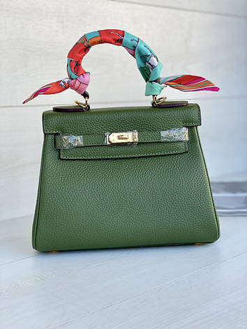 Жіноча шкіряна зелена сумка Hermes Kelly з логотипом Гермес Келлі 25 і 28 см кольору хакі шкіра ермес, фото 1