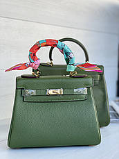 Жіноча шкіряна зелена сумка Hermes Kelly з логотипом Гермес Келлі 25 і 28 см кольору хакі шкіра ермес, фото 4