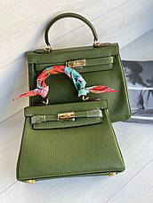 Жіноча шкіряна зелена сумка Hermes Kelly з логотипом Гермес Келлі 25 і 28 см кольору хакі шкіра ермес, фото 6